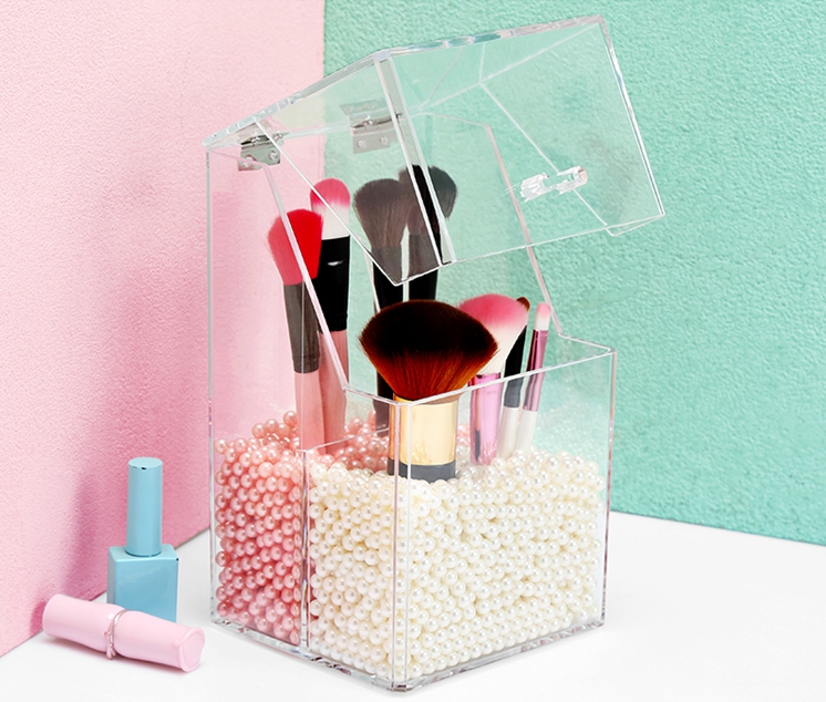 Crystal Acrylic Makeup Brush Organizer Cosmetic Storage Box Two Bags Of Artificial Pearls