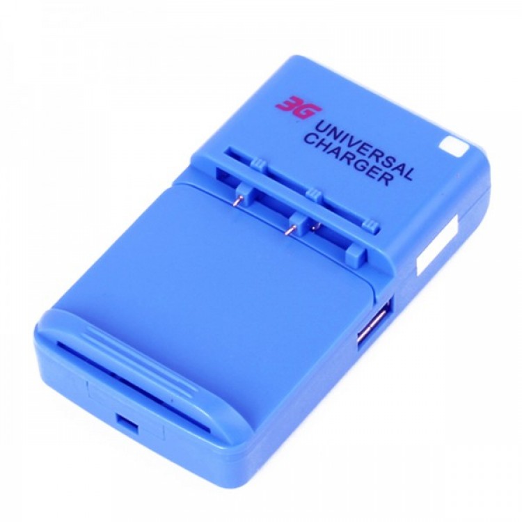 Universal Cell Phone Lithium Battery Charger w/ USB Power Port Blue