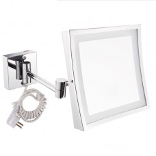 8" Square Wall Mount Lighted Makeup Mirror Folding 3X Makeup Mirror Chrome Finish  