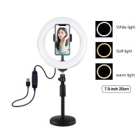 7.9" Desktop Dimmable LED Ring Light with Stand Round Base Phone Clip Vlogging Selfie Light PKT3078B
