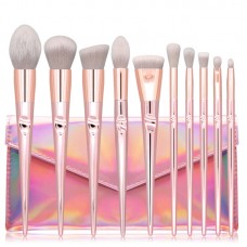 10pcs Professional Makeup Brush Set + Laser PU Bag For Powder Blush Foundation Highlight Eyeshadow