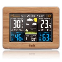 FanJu FJ3365 Weather Station Radio Wave Clock RF Weather Clock Perpetual Calendar Bamboo Surface