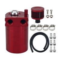 Baffled Oil Catch Can Reservoir Tank Kit 240ml With Breather Filter Engine Air Oil Separator Dual Cylinder-Red