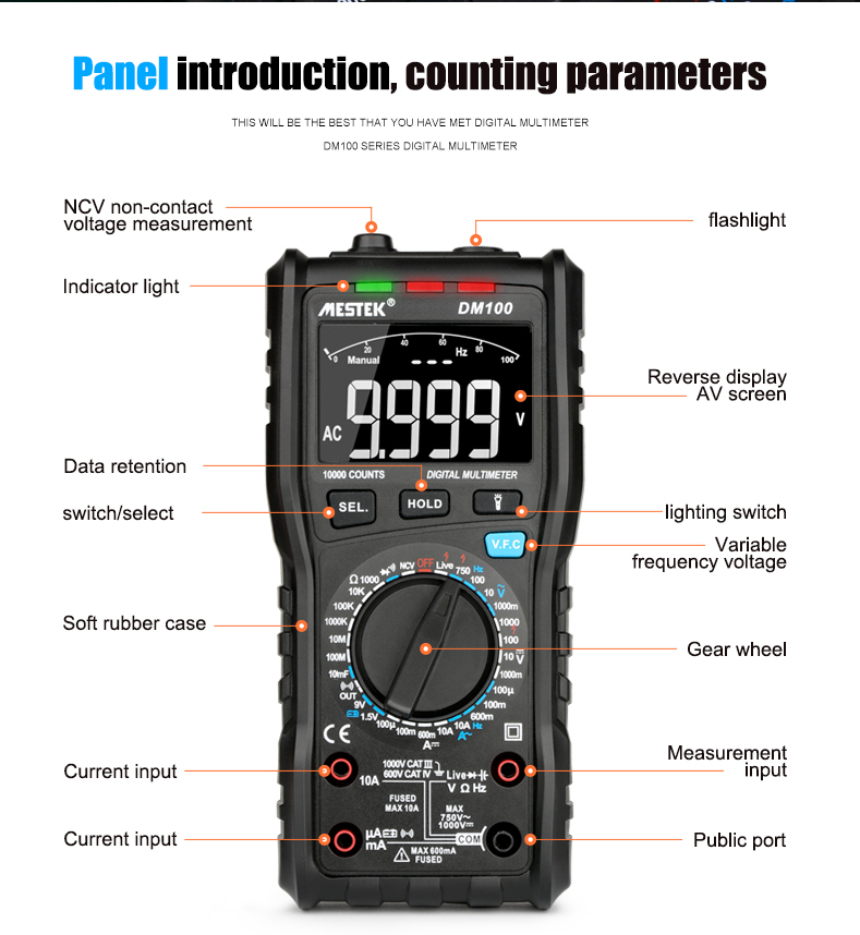 DM100 Digital Multimeter Manual Voltage Current Resistance Tester Meter