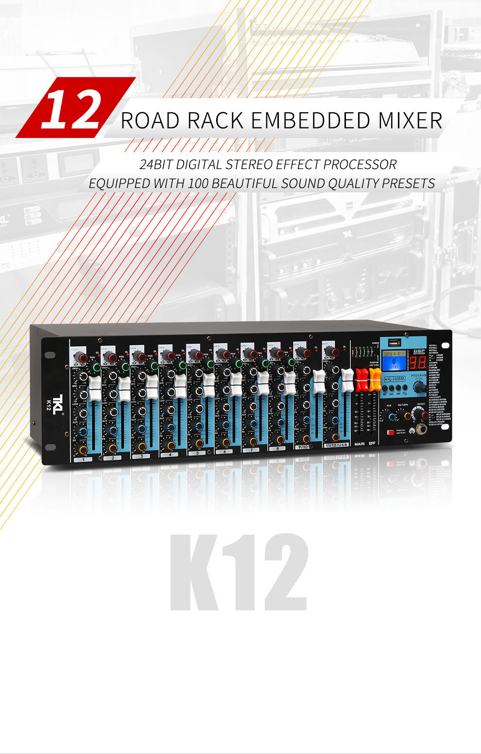 Professional 12 Channel 8000W Power Mixer 24-bit FX Processor